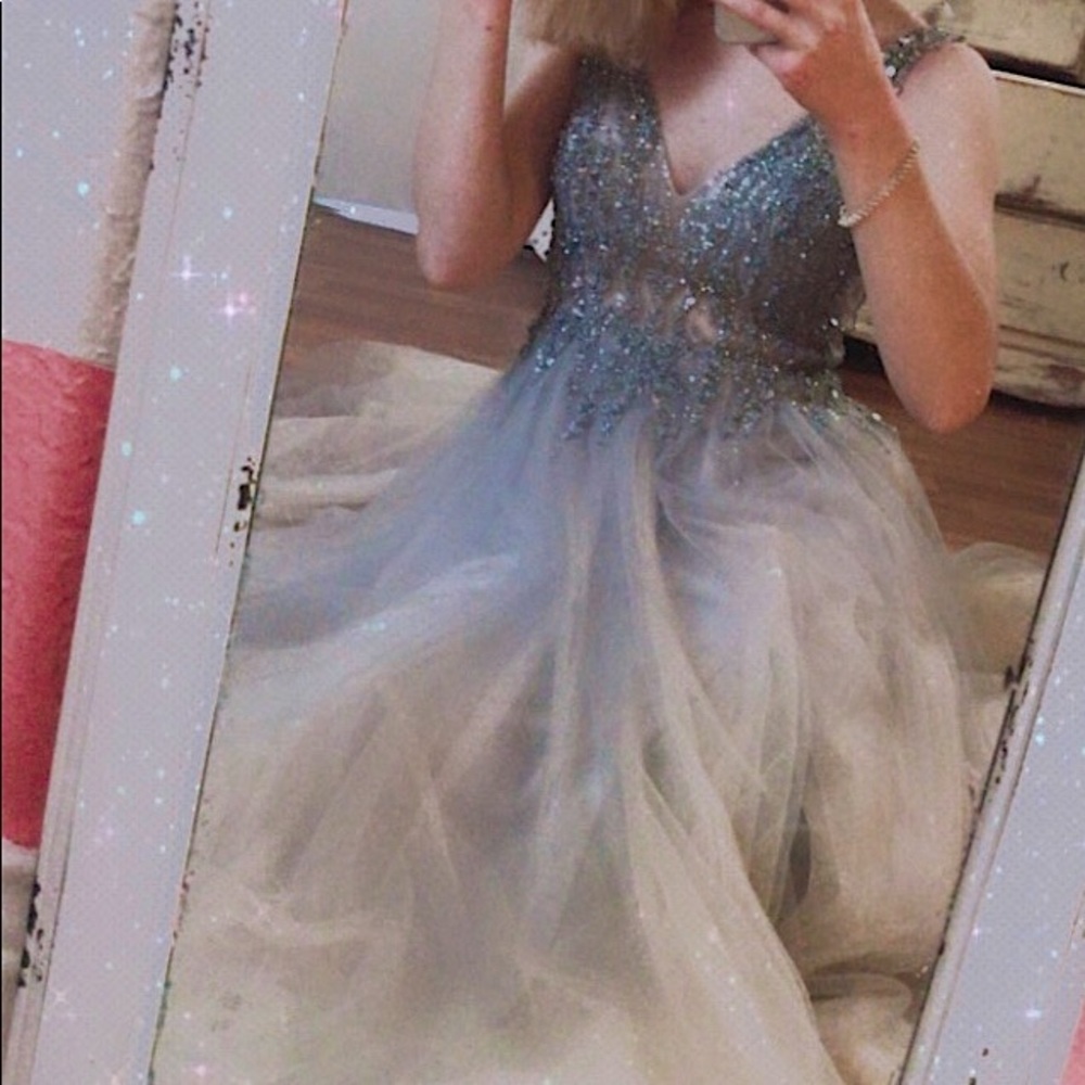 Silver and champagne beading tulle prom dress